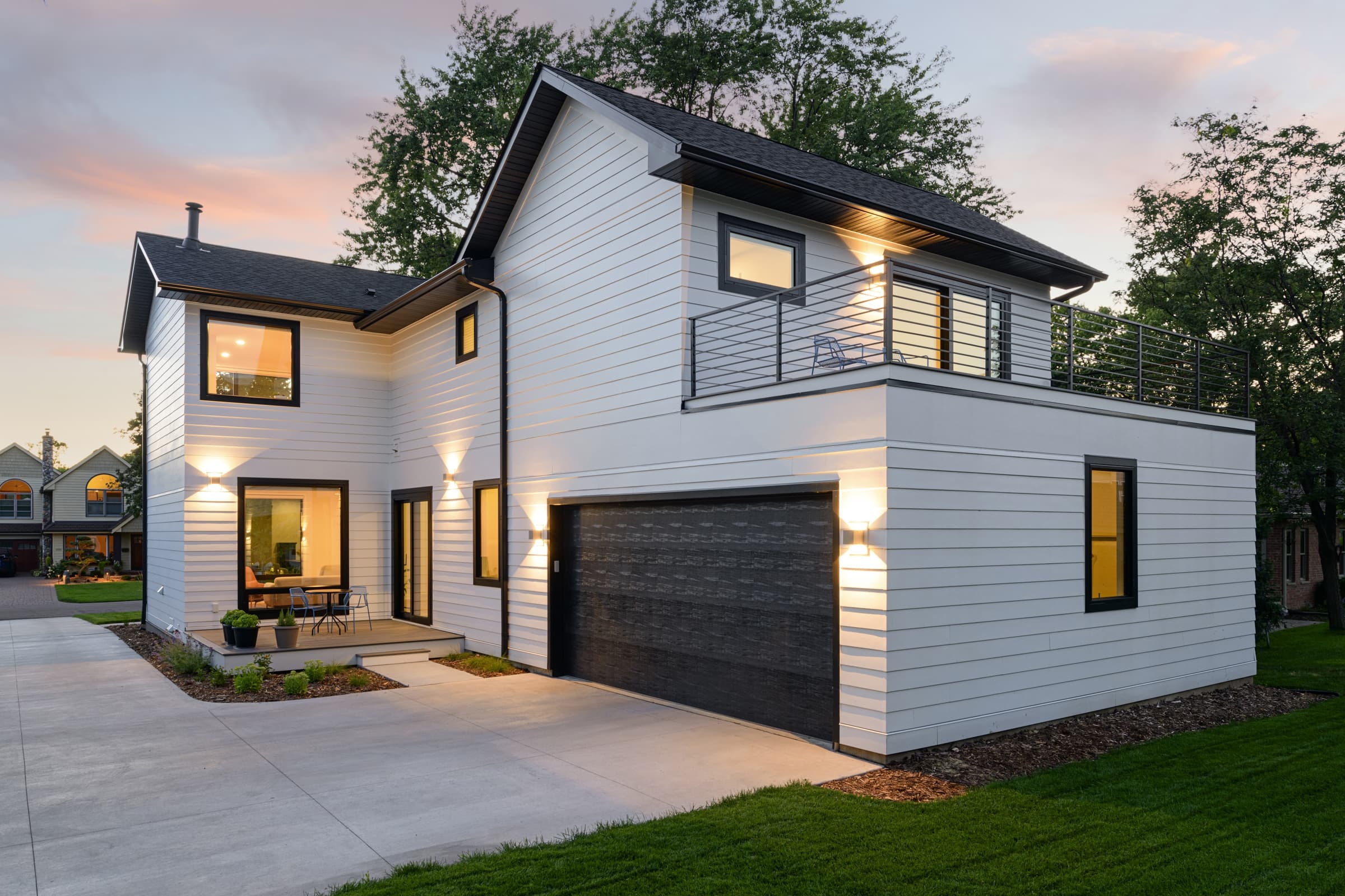 The rear of the house bathed in the warm glow of sunset
