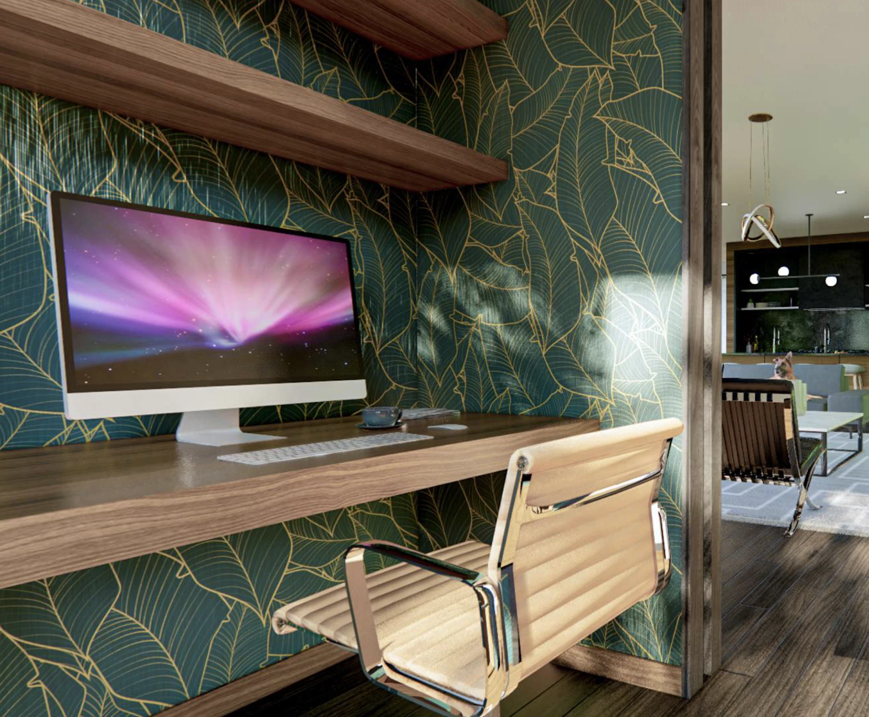 Office space with gorgeous wall paper