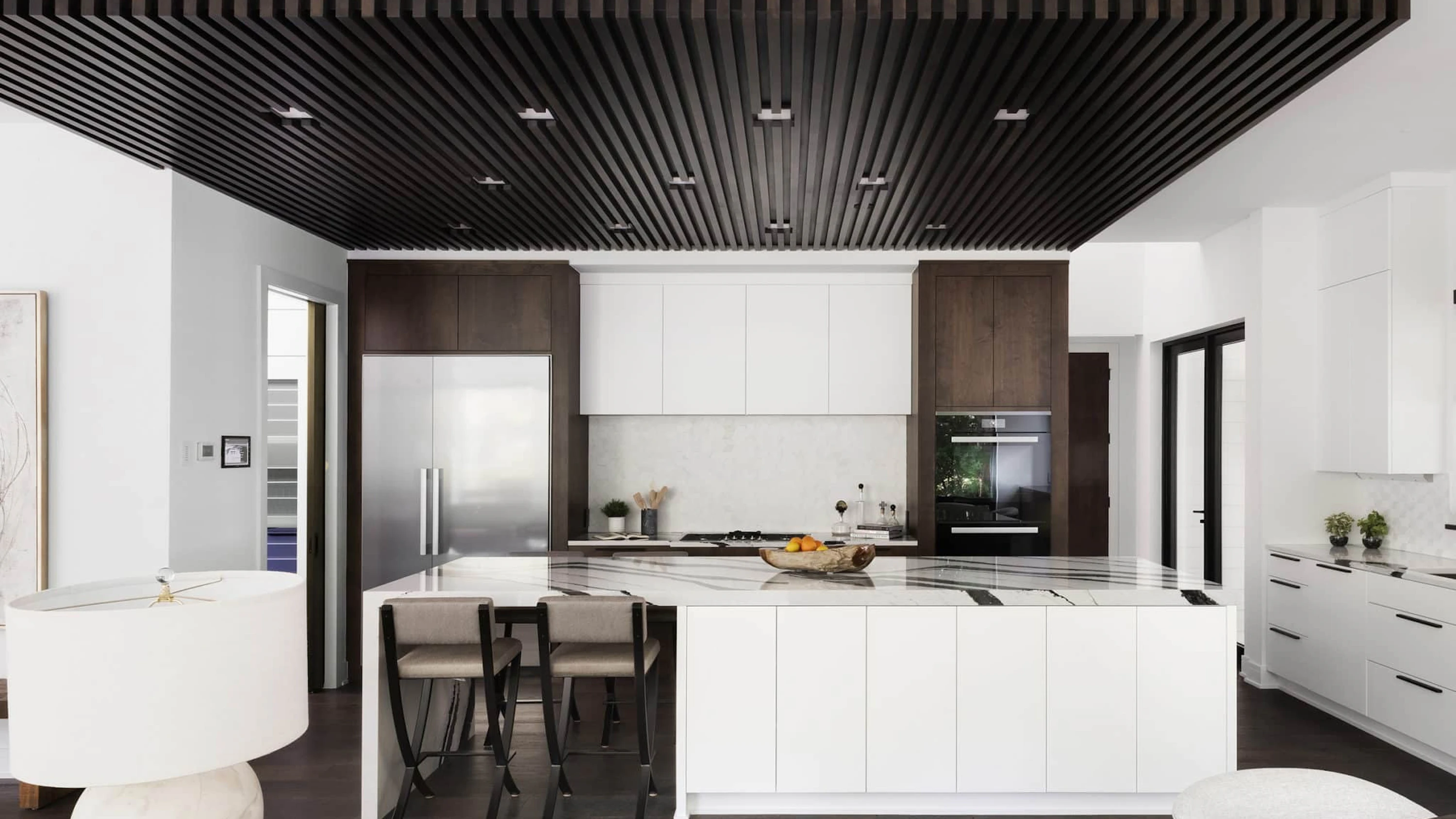Modern kitchenwith  unique slatted wooden ceiling