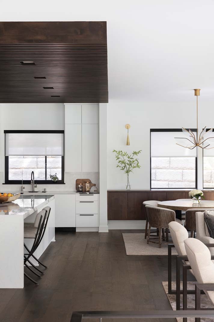 Kitchen with slat ceiling