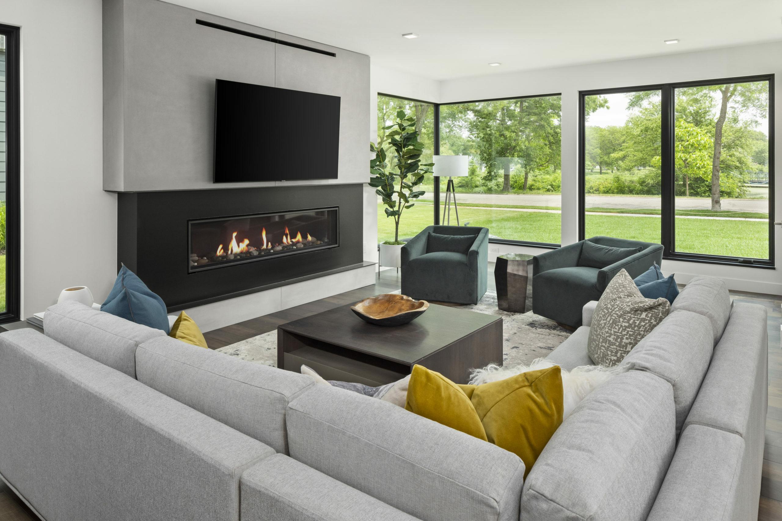 Stunning living room with floor-to-ceiling windows