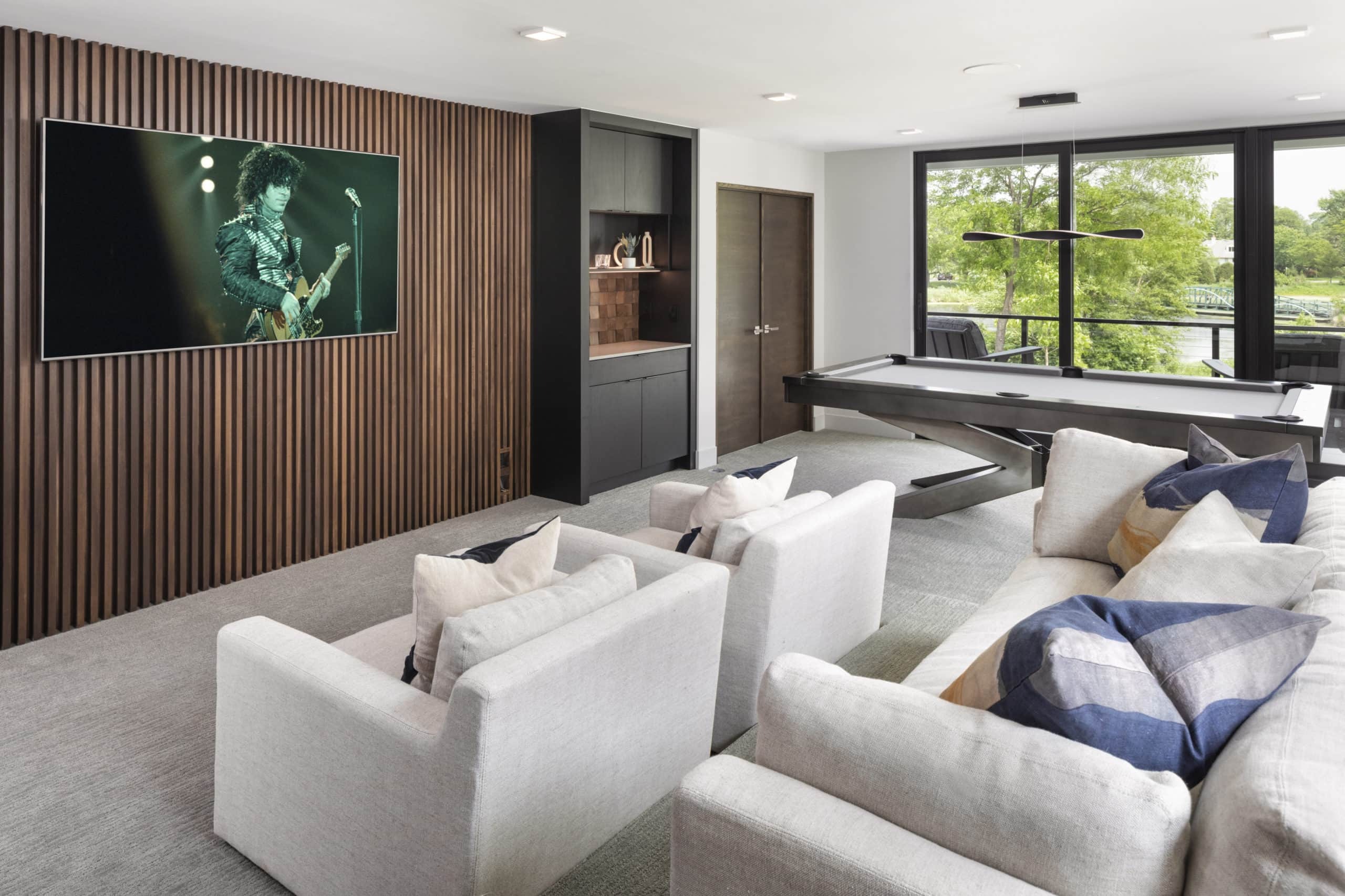 A theater room with a snack bar