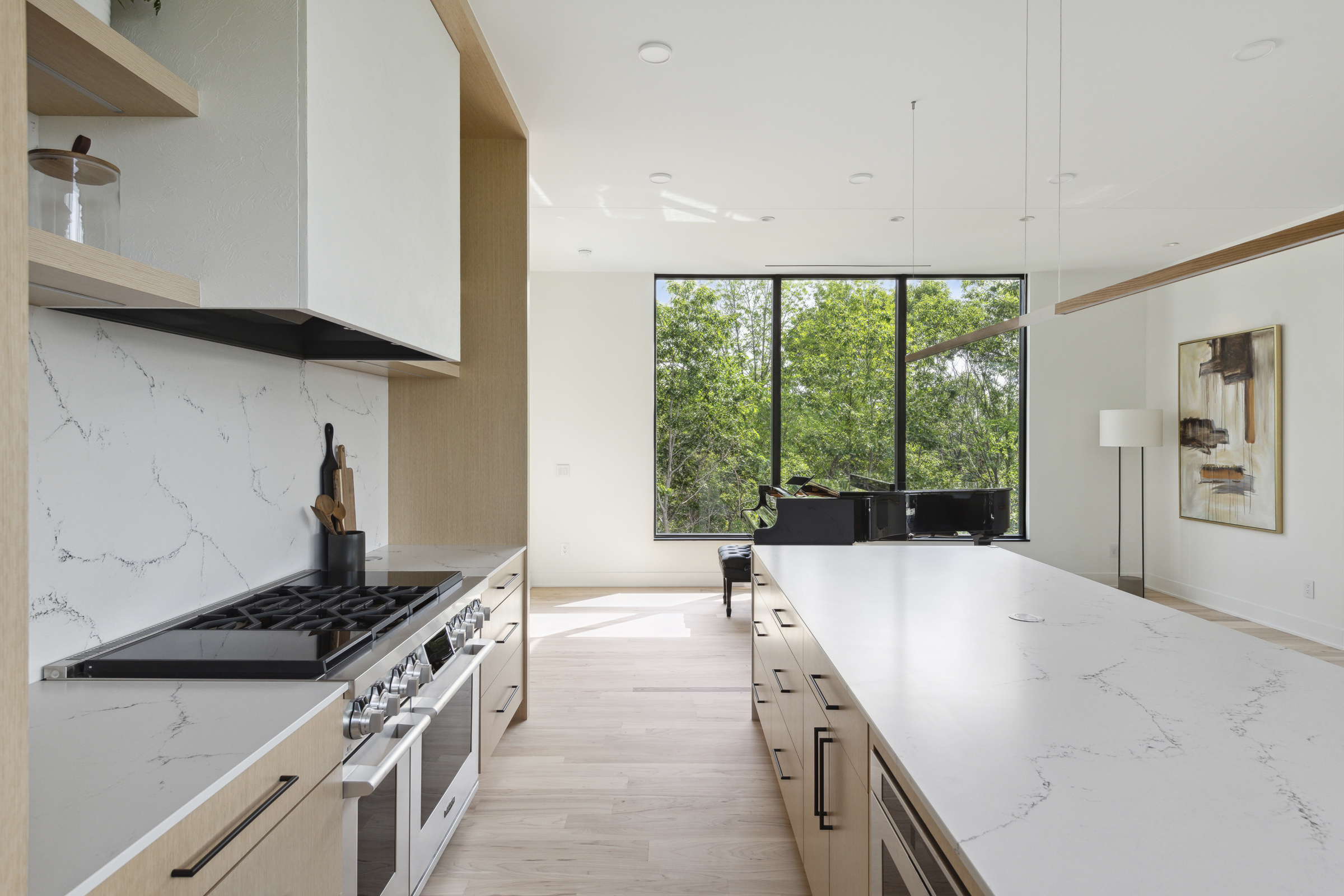Kitchen with views of the grand piano